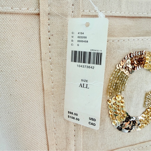 💛 Anthropologie Letter G The Hartley Monogram Mini Canvas Tote Gold Beaded Beige - Picture 5 of 14